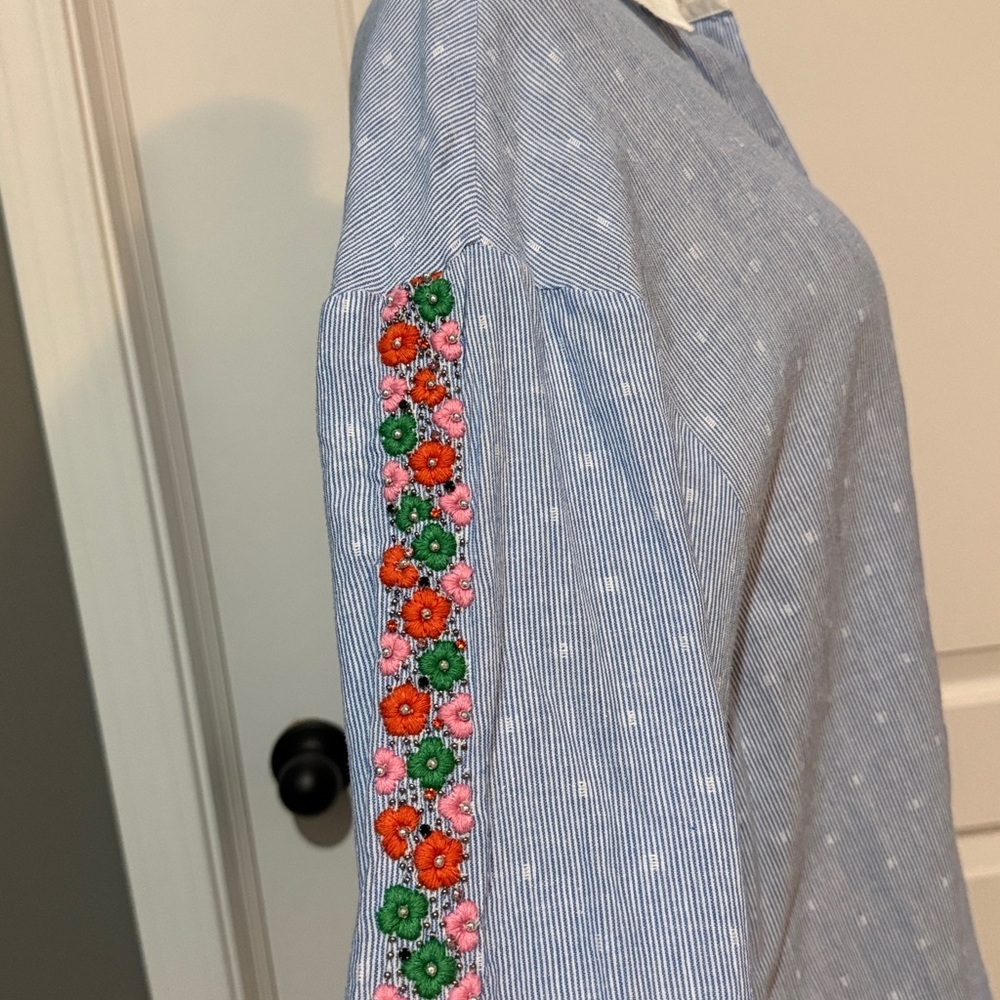Essentiel Antwerp Harkle Blue Striped Shirt with Floral Embroidery Blouse XS - Picture 7 of 12